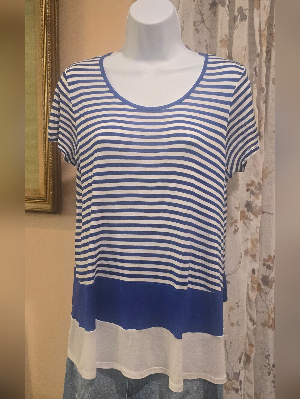 Kensie Blue and White Striped Short Sleeve Blouse